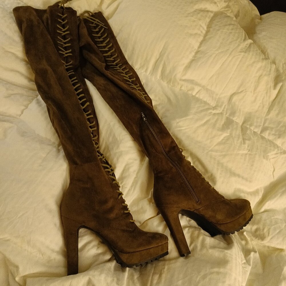 Over-the-Knee Lace Up Boot, Olive, Size 9 (Suede/Velvet)